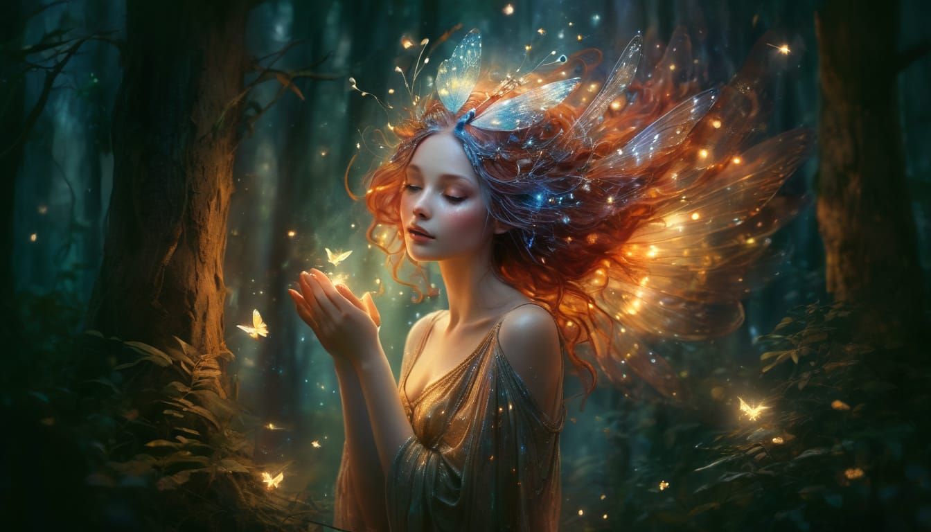Ethereal Forest Nymph with Fireflies, Fantasy Illustration