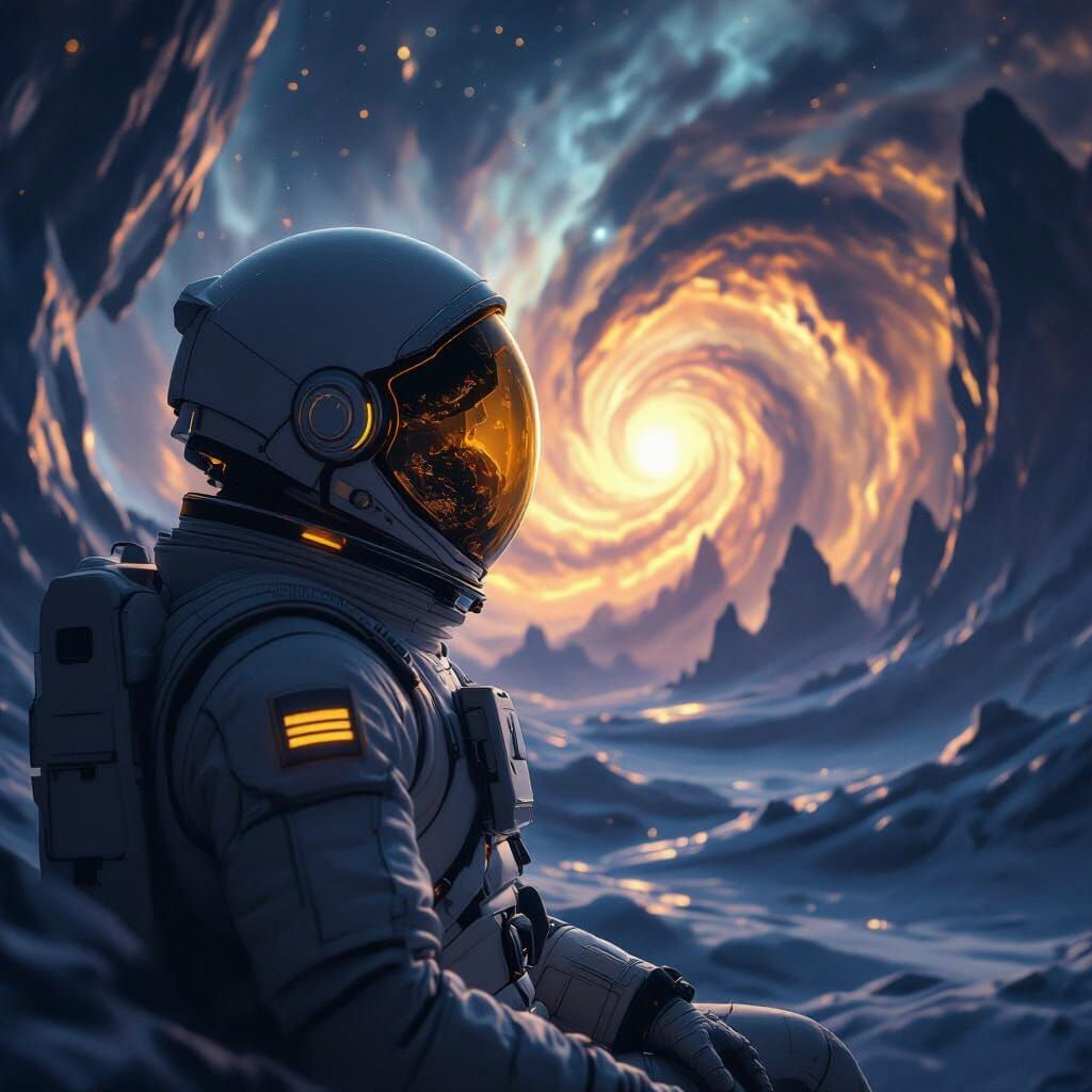 Astronaut Adrift Gazing at Molten Gold Nebula