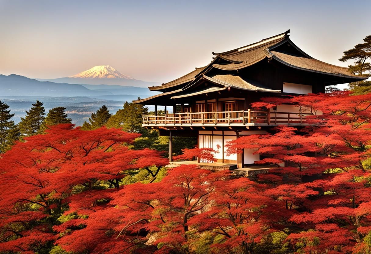 Japanese Tea House in Forest on Sunny Day