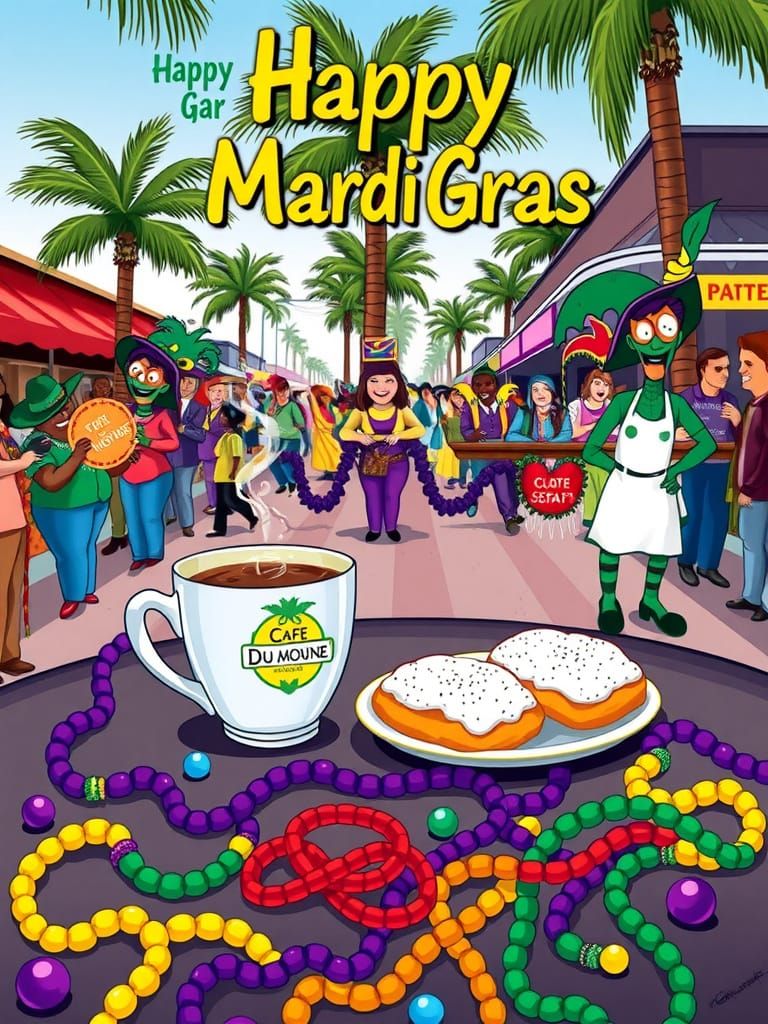 Vibrant Mardi Gras Celebration with Cafe Du Monde Coffee and...