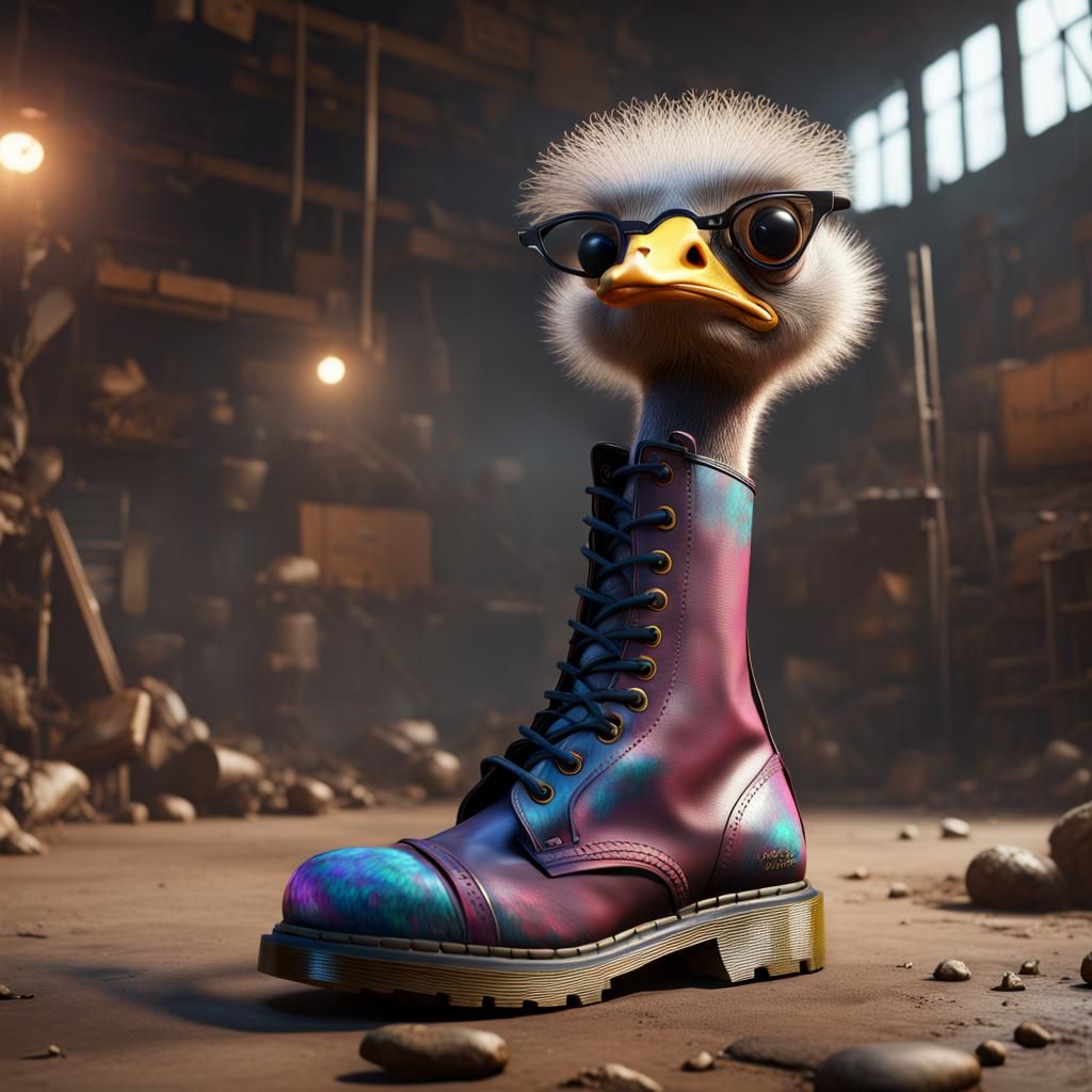 Ostrich in Punk Boots: Detailed Matte Painting