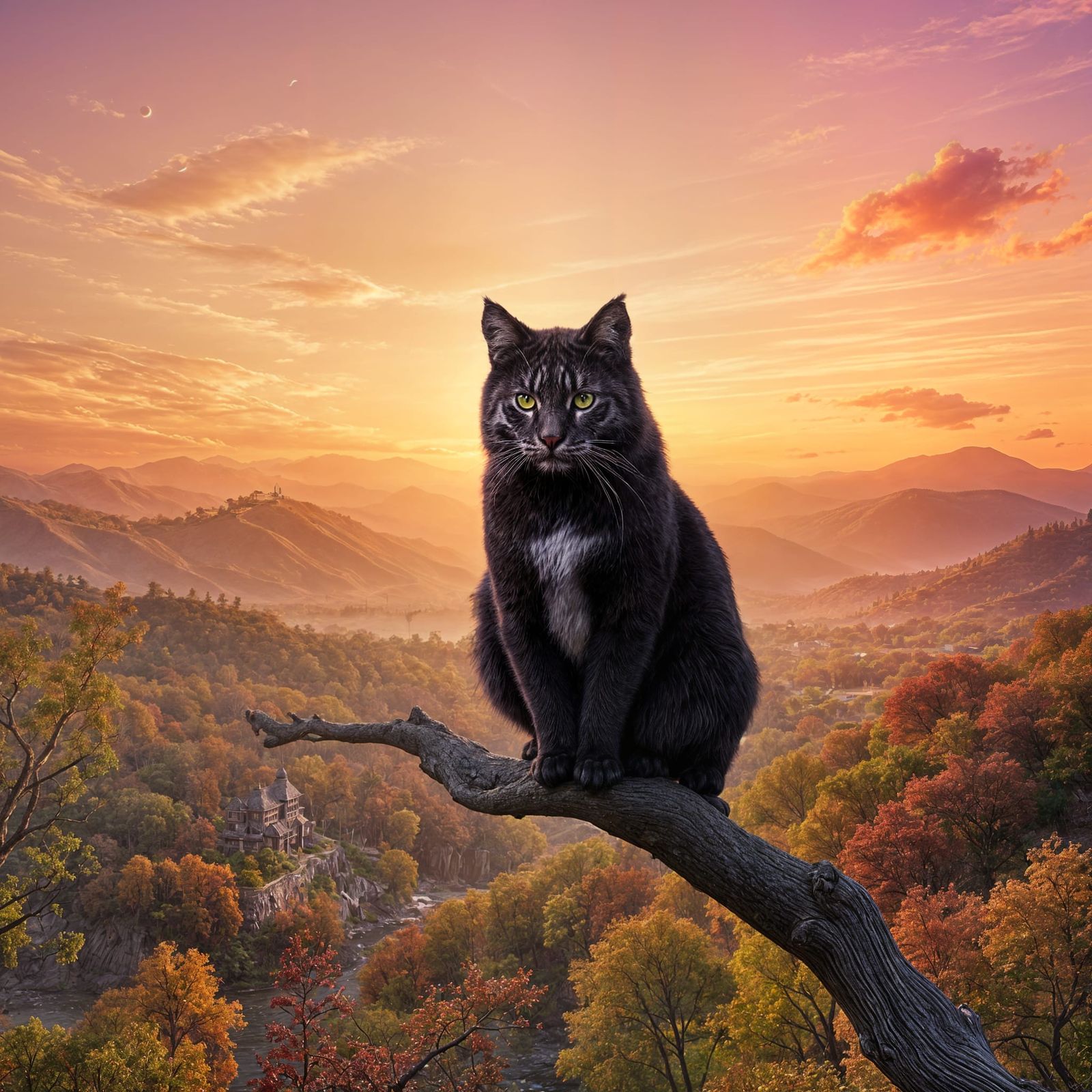 Striped Cat in Autumn Valley Sunset, Digital Art
