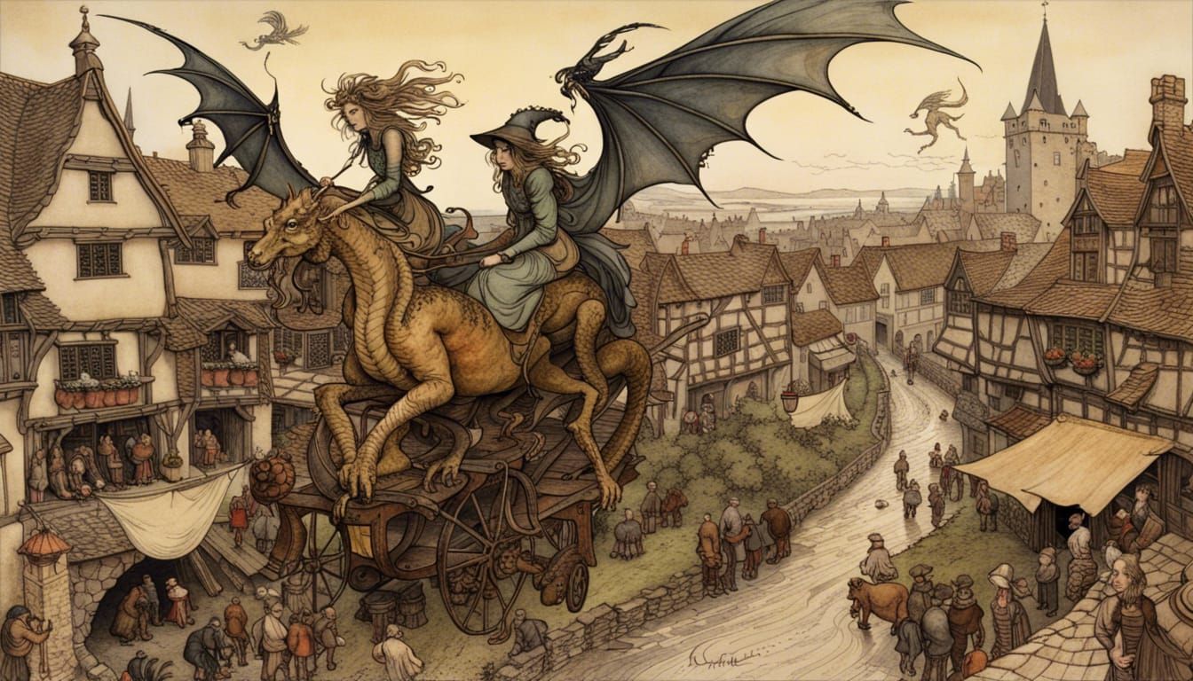 Dragon Witch Flies Over Medieval Village
