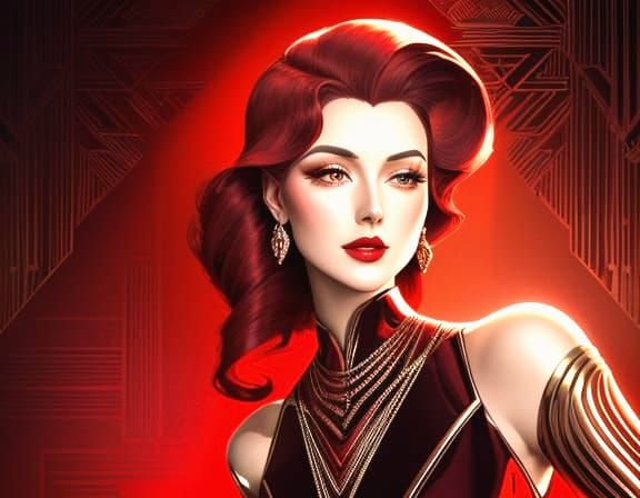 Art Deco Woman in Metallic Red Tones