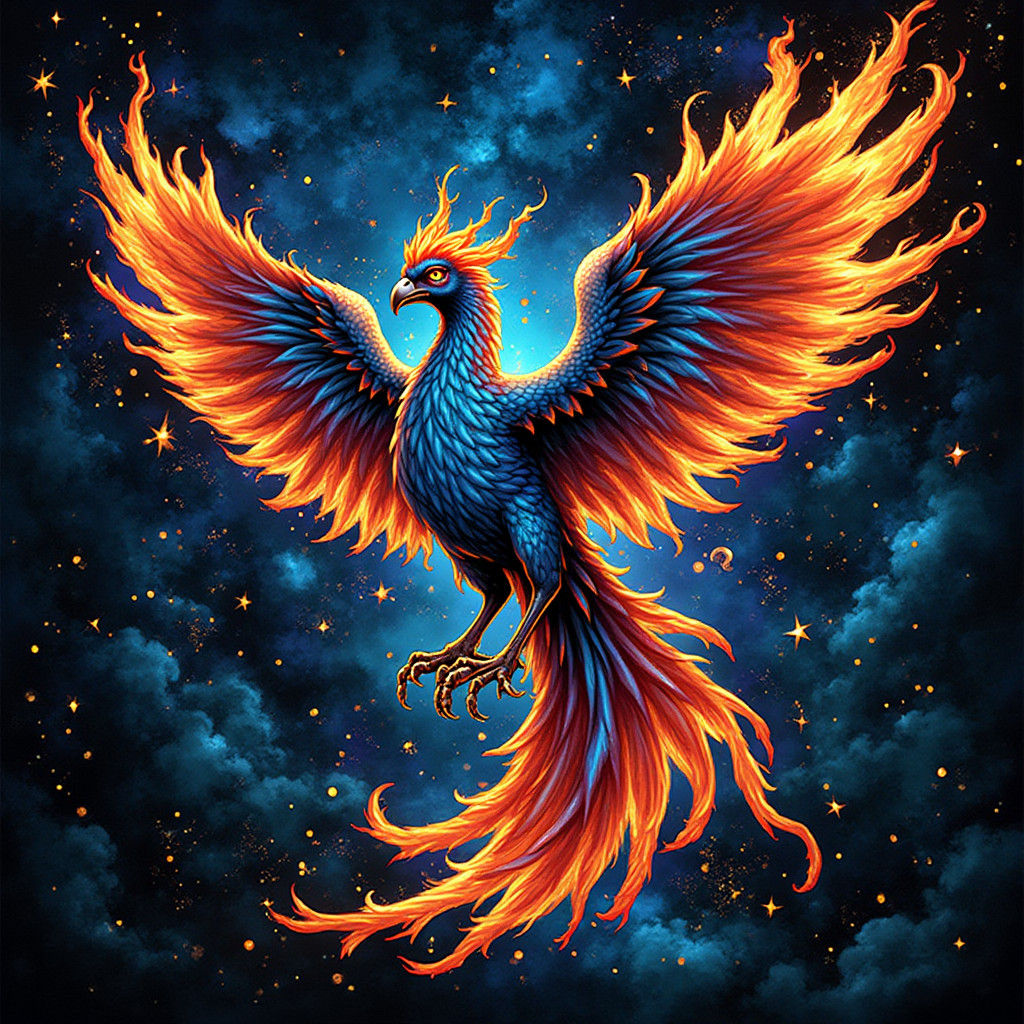 Iridescent Fire Phoenix in Celestial Jewel-Toned Setting