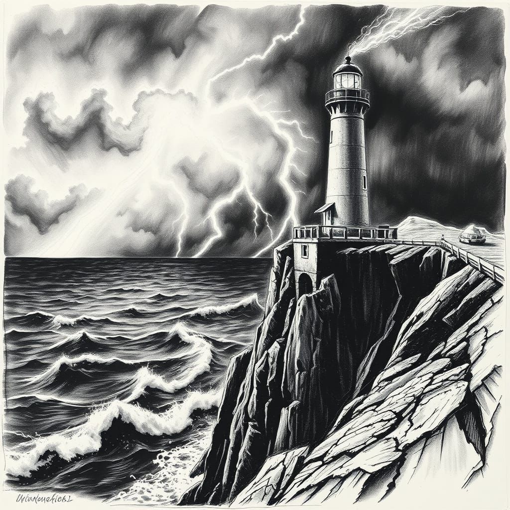 Lighthouse in Nightmarish Thunderstorm, German Expressionist...