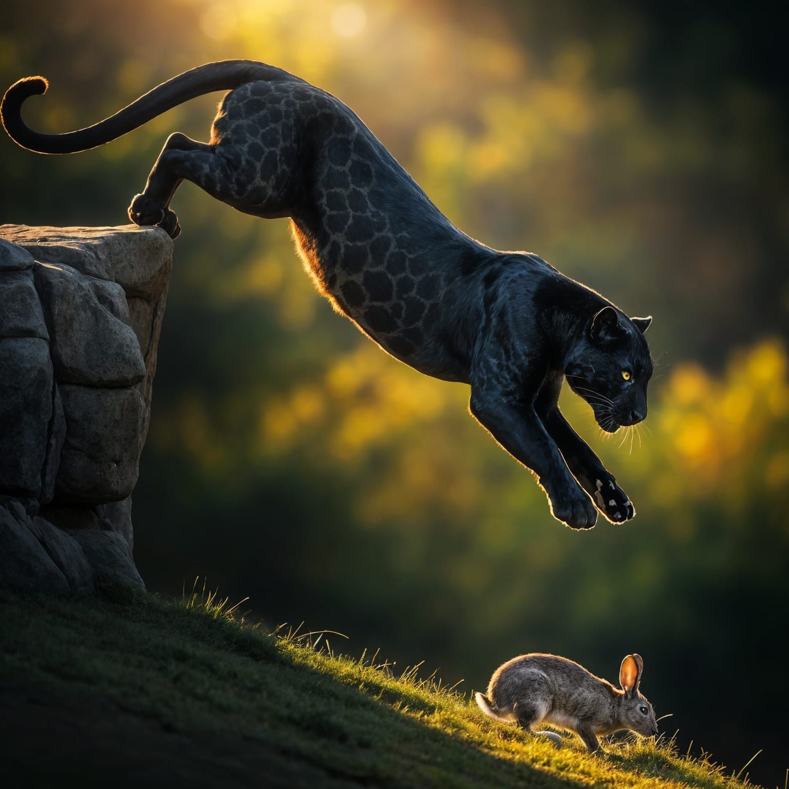 Black Panther Leaps to Pounce on Rabbit