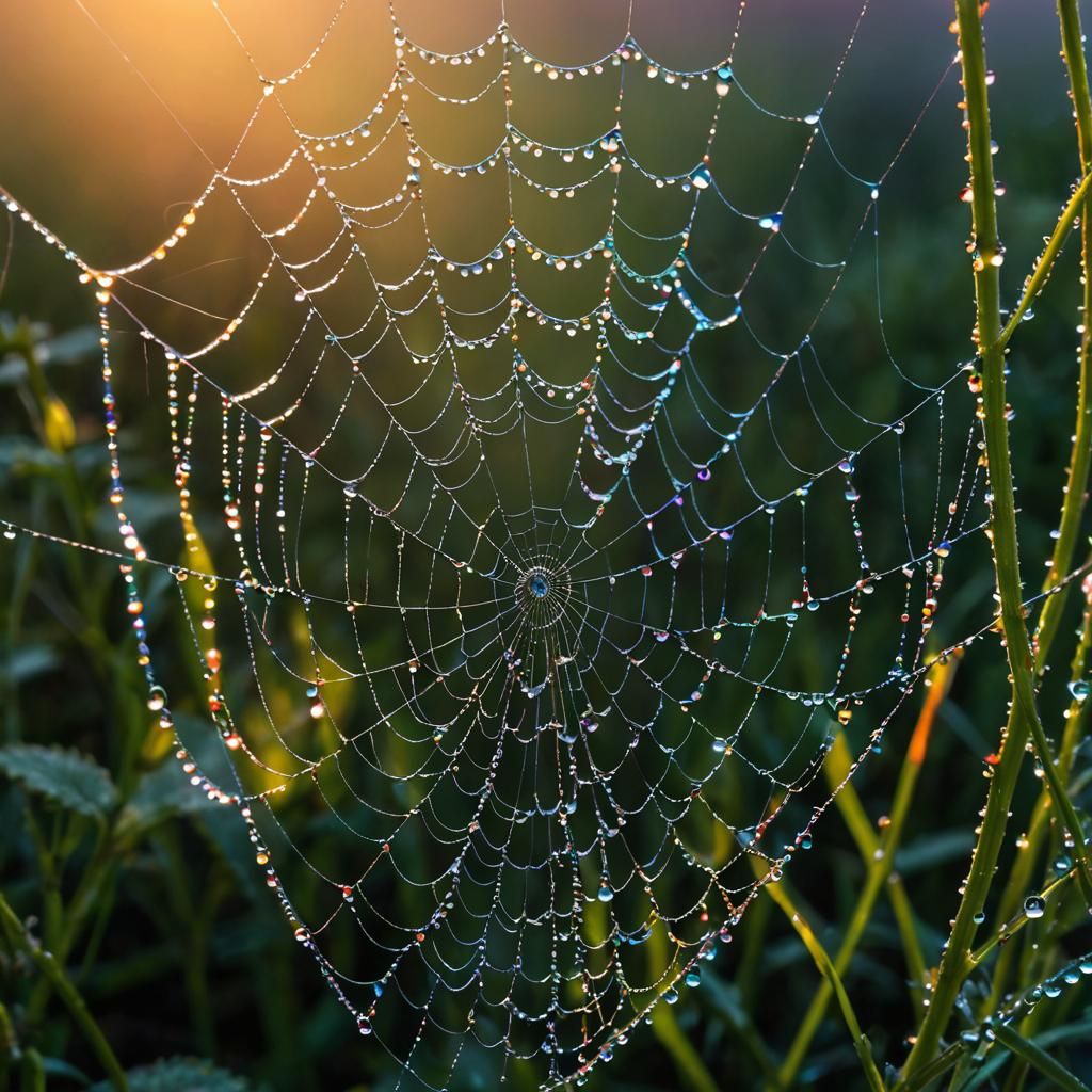 Iridescent Dewdrops on Spiderweb in Microphotography