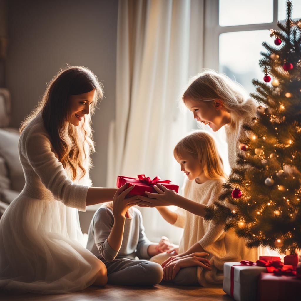 Family Opening Christmas Presents in Divine Light