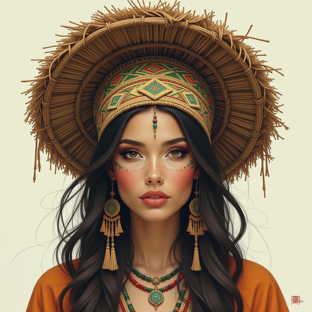 Earthy Woman with Woven Headdress in Digital Art Style