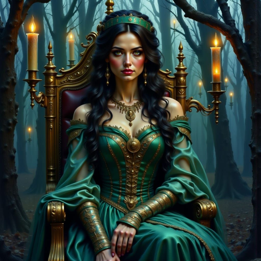 Majestic Queen on Crystal Throne in Mystical Forest