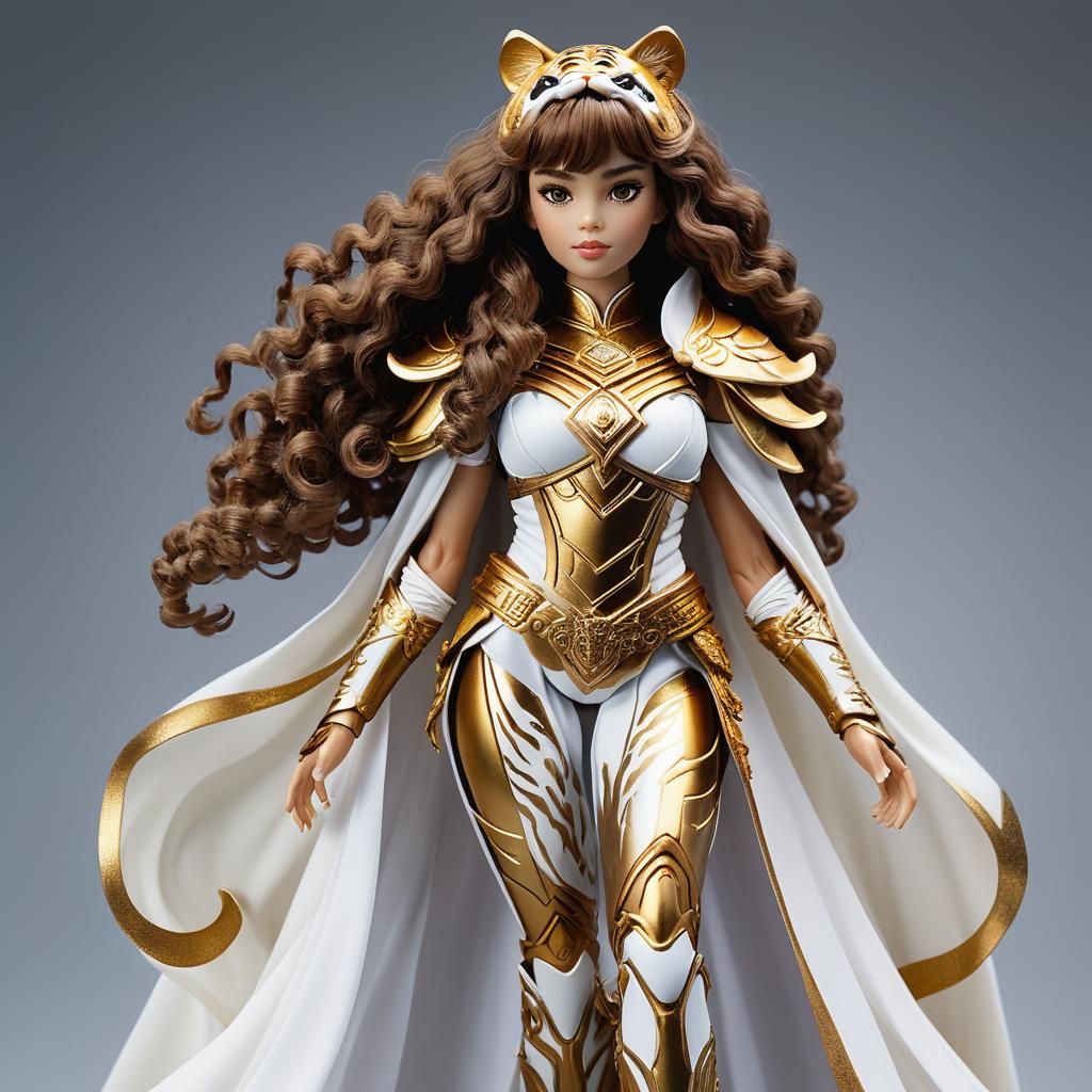 woman with long brown curly hair with bangs Titan doll A str...