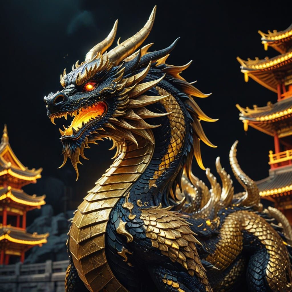 Golden Dragon in Front of Chinese Palace, Anime Style