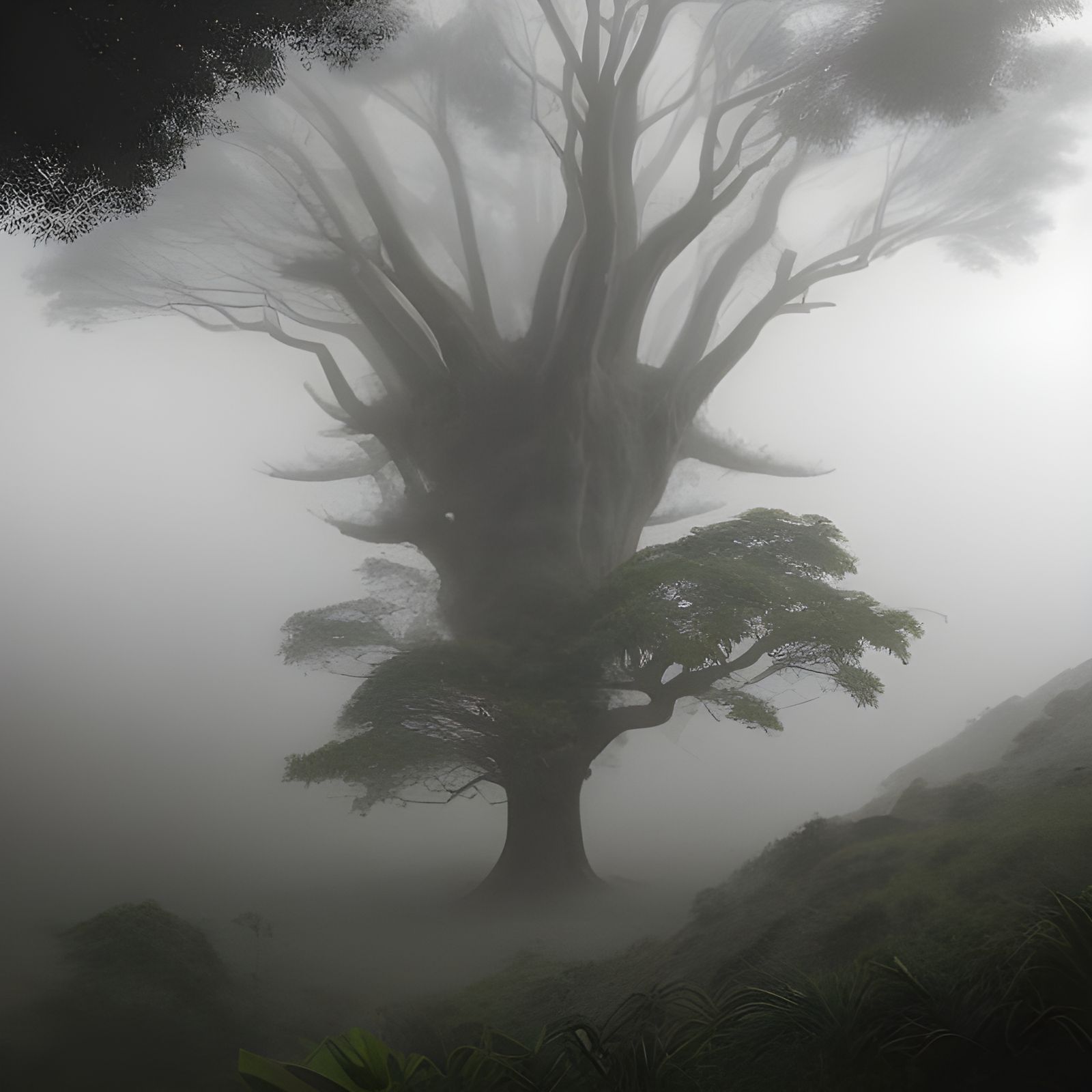 Foggy Morning Landscape with Banyan Tree