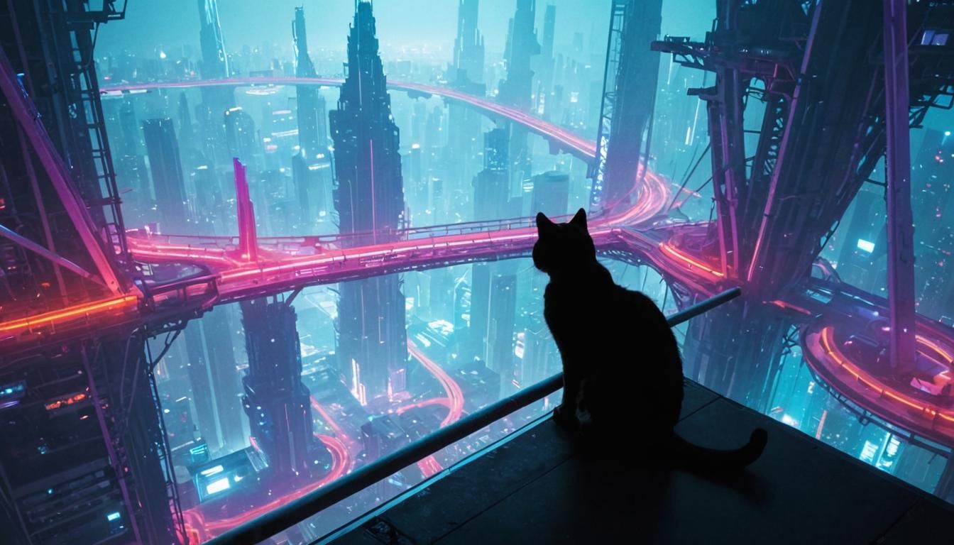 Cat Silhouette Above a Neon Cyberpunk City
