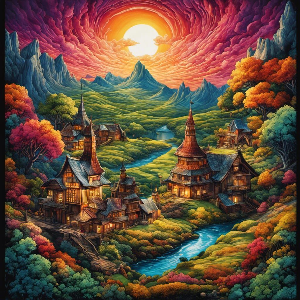 Surreal Village: Liquid Chrome Fantasy Landscape