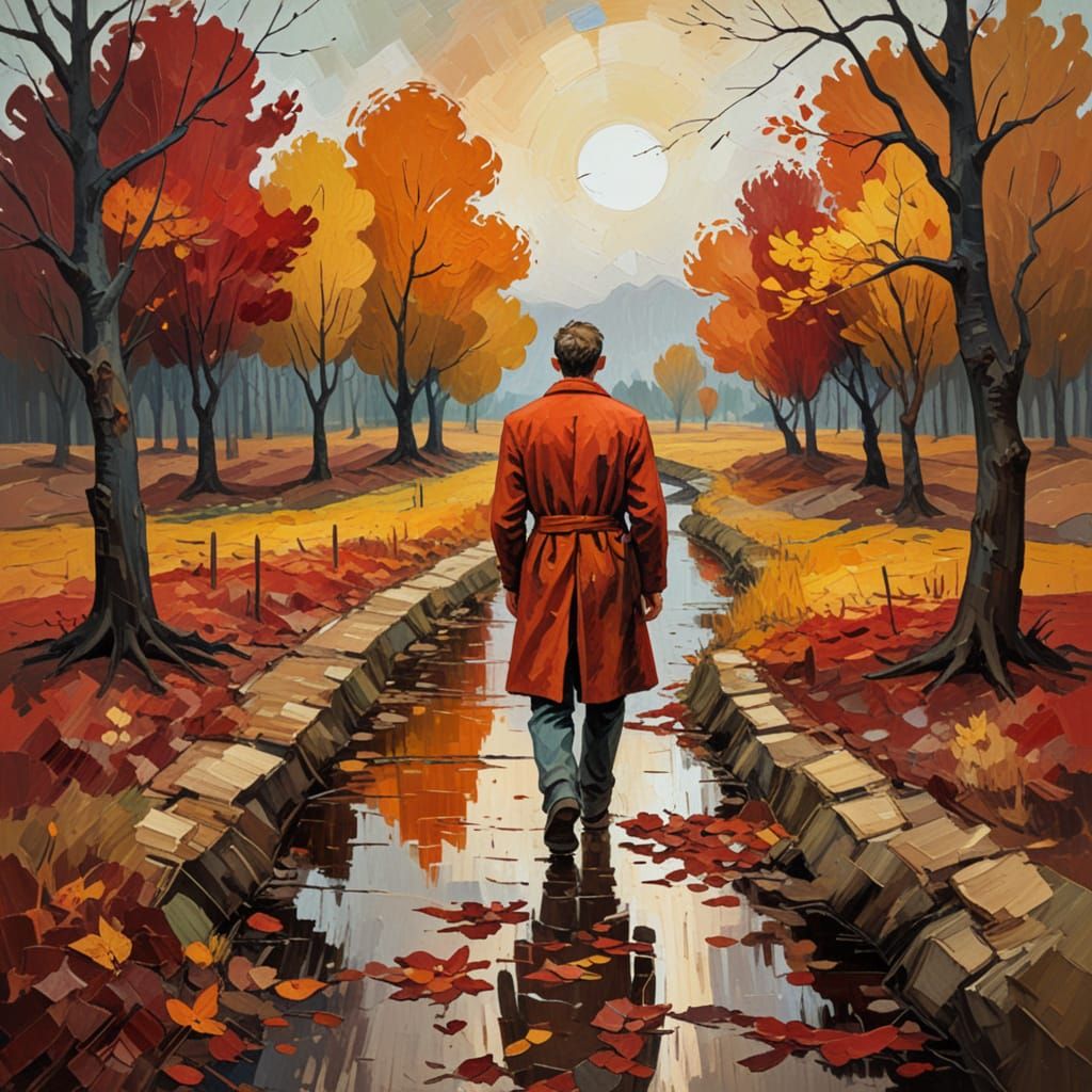 Expressionist Autumn Landscape with Solitary Figure