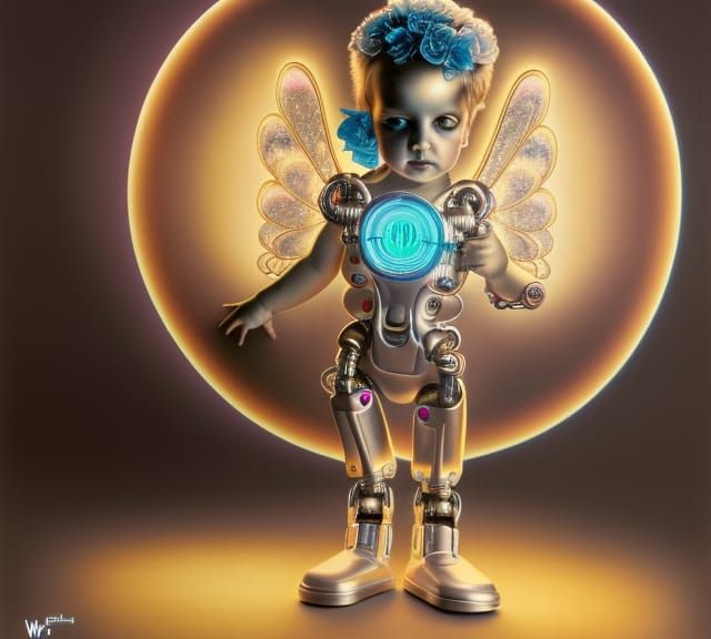 Glowing Cybernetic Cupid in Photorealistic Style