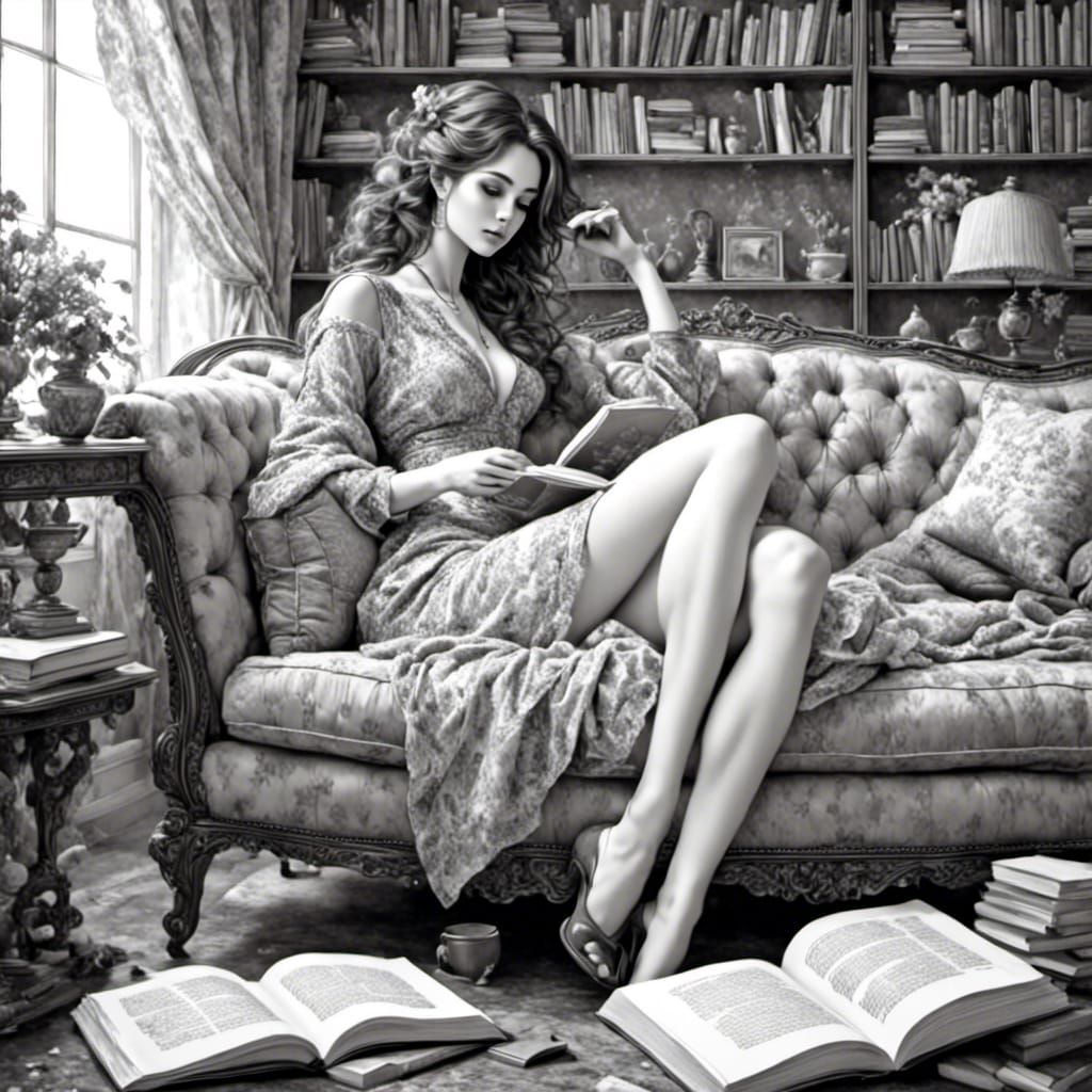 Beautiful Woman Lounging in Library: Coloring Book Style