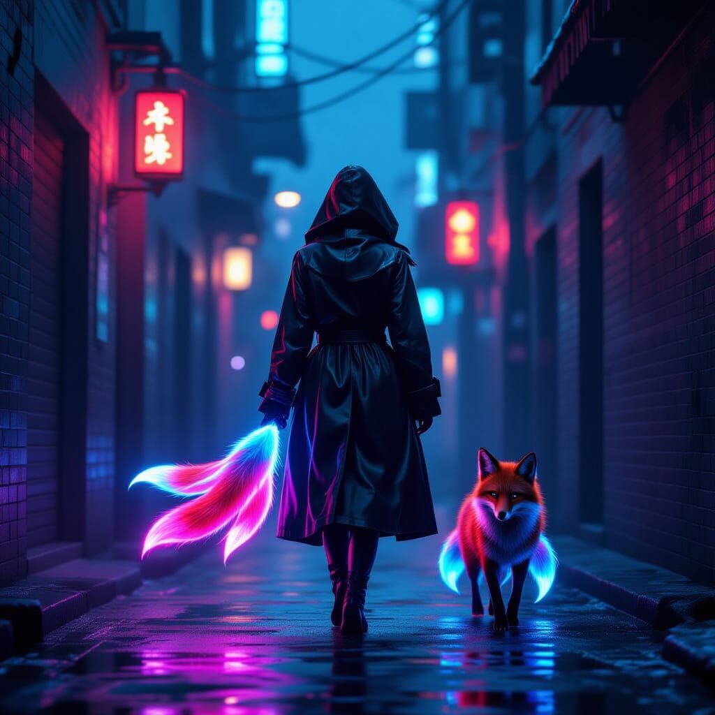Neon Fox Spirit in Cyberpunk Alleyway