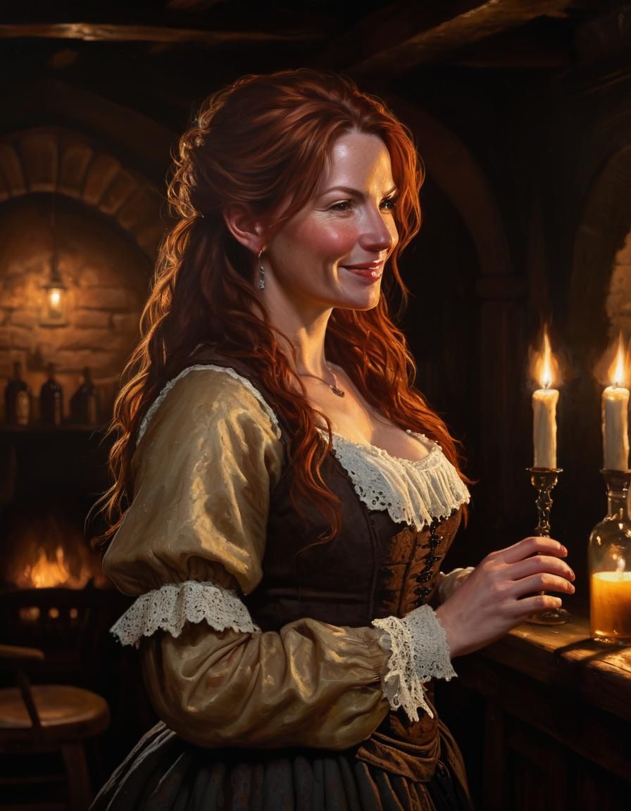 Woman in Tavern: Chiaroscuro Oil Painting