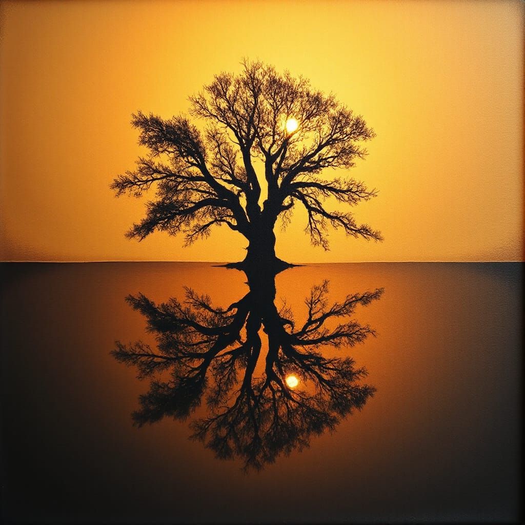 Reflected Tree in Light and Shadow: High Contrast Painting