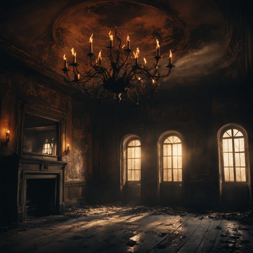 Cinematic Abandoned Manor Scene with Flickering Firelight