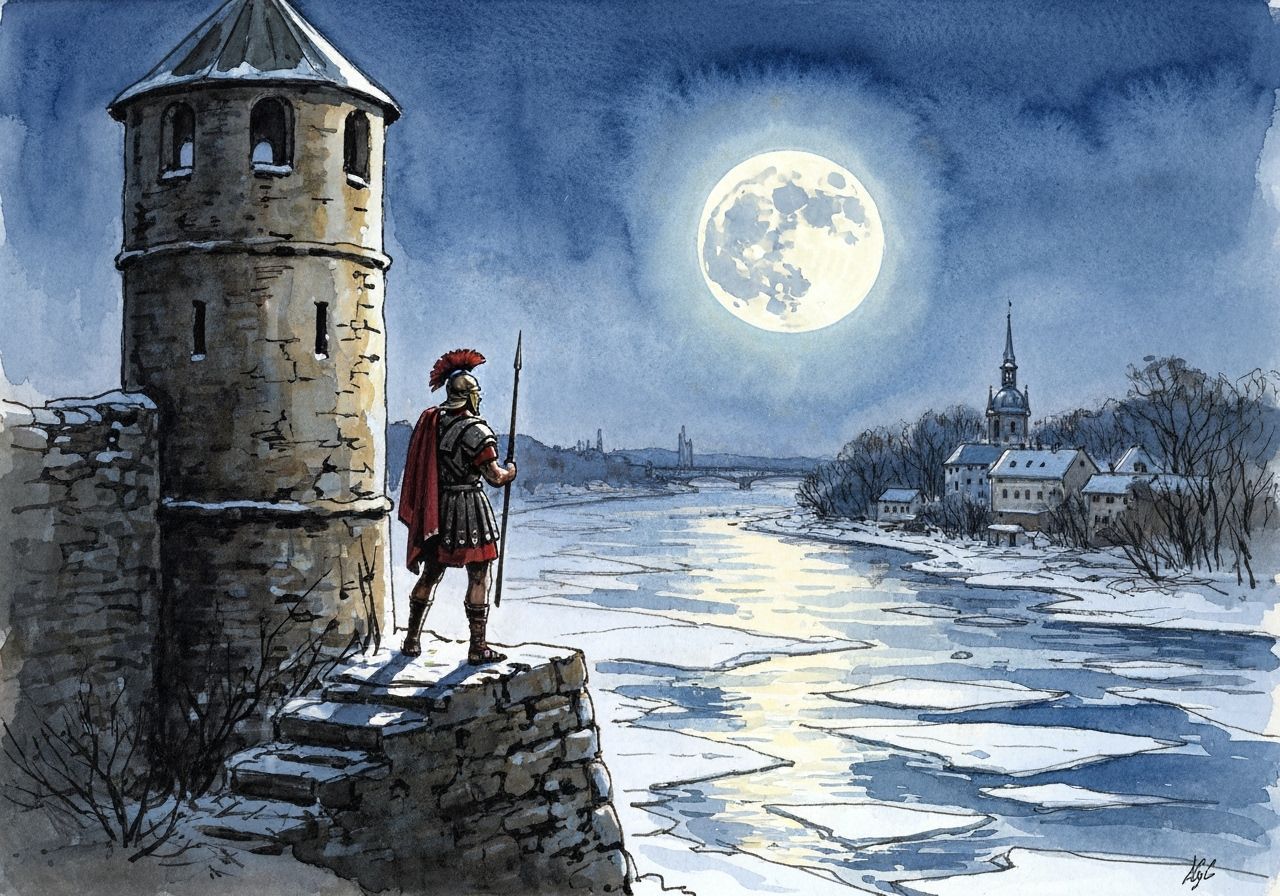 Roman Soldier Watches Wintry Rhein River by Moonlight