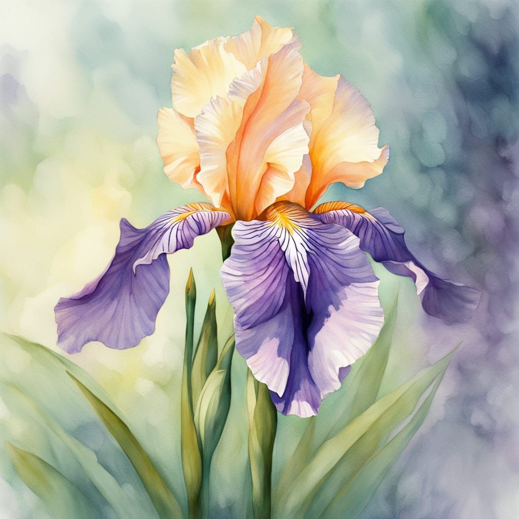 Vibrant Watercolor Iris Painting with Dewdrops