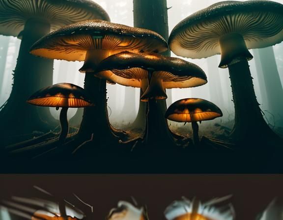 Jellyfish and Toadstools in Misty Forest