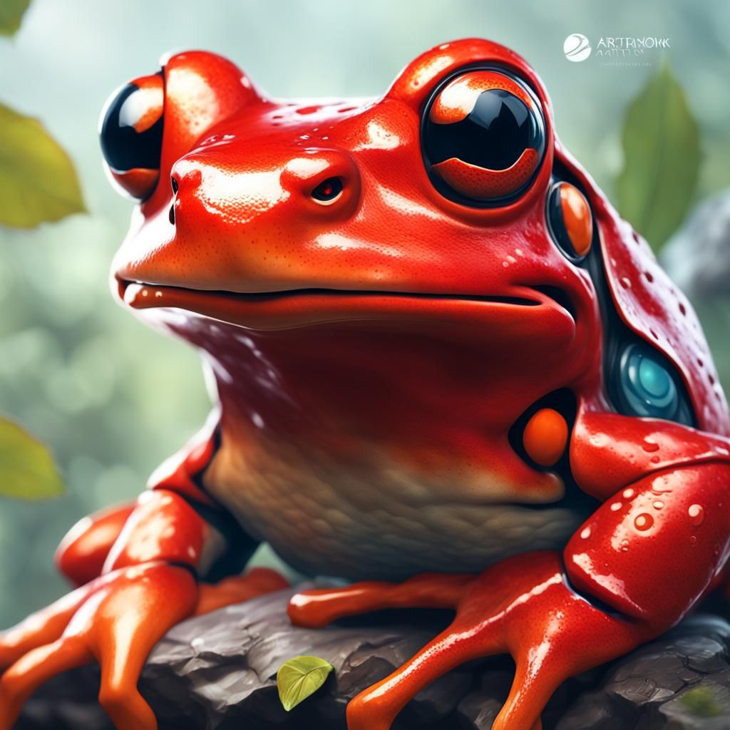 Smiling Red Frog Portrait in Hyperdetailed Style