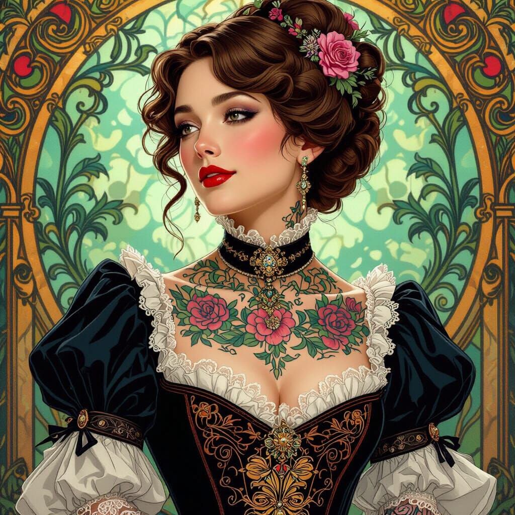 Victorian Woman with Tattoos: Hyperrealistic Concept Art