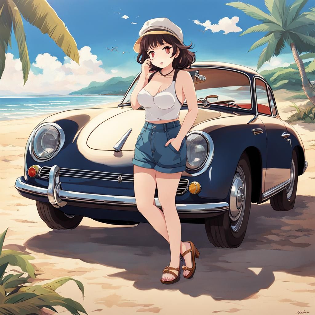 Chubby Anime Girl at the Beach with Porsche 356