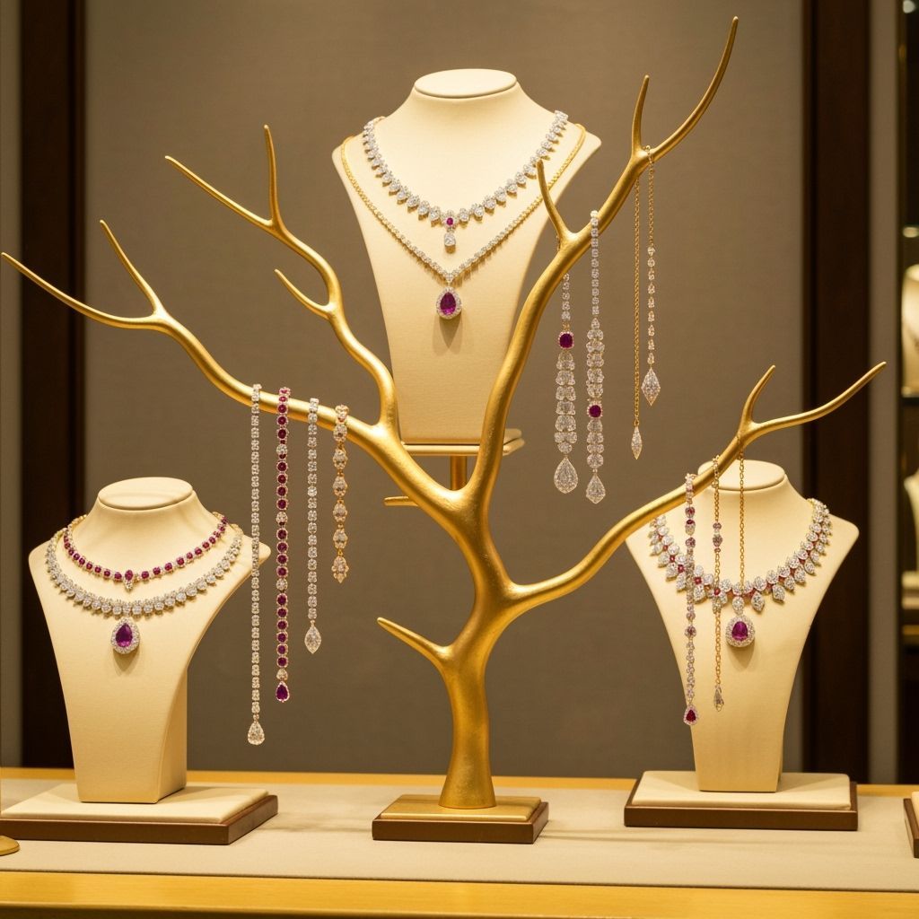 Jewellers shop display, a golden branch hung with elegant di...