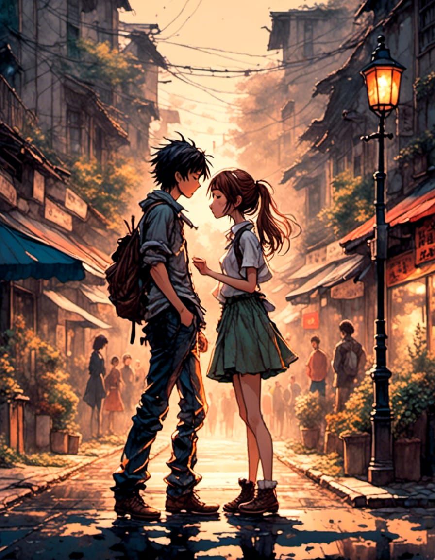 Romantic Couple Embrace in Anime Art Style