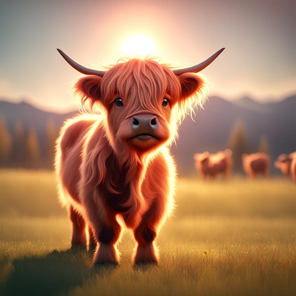 Baby Highland Cow in Field: Pixar Style