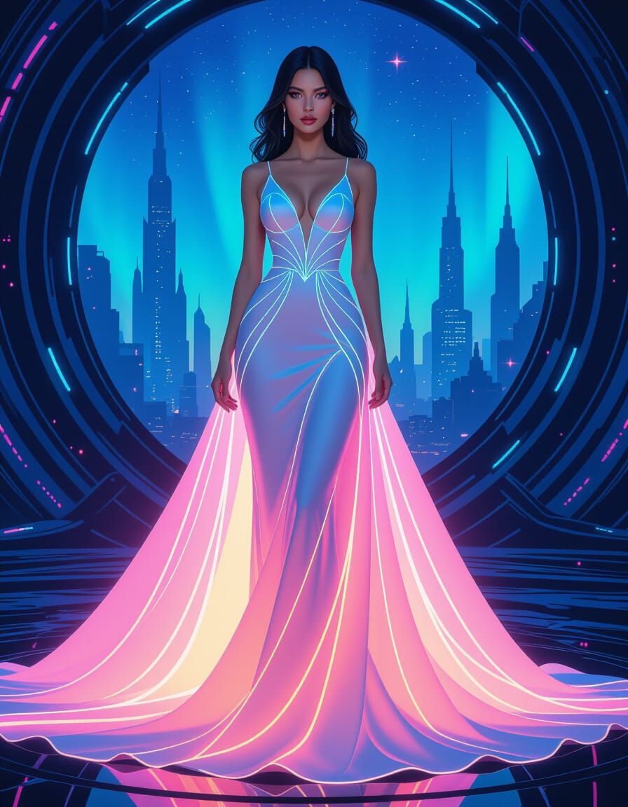 Elegant Woman in Glowing Sci-Fi Landscape