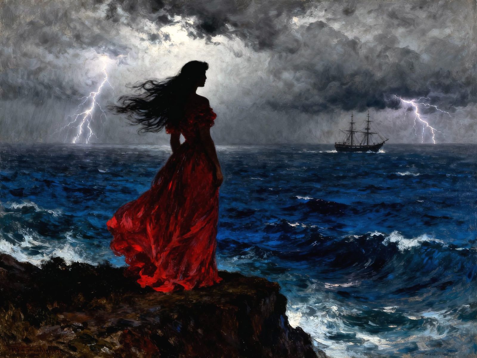 Woman on Cliff Overlooking Stormy Sea Oil Painting