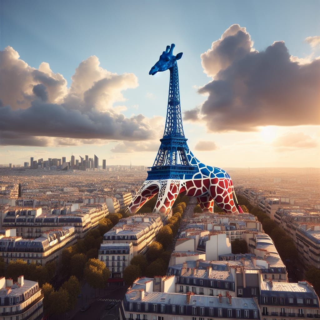 Giraffe Eiffel Tower in Paris Sunset