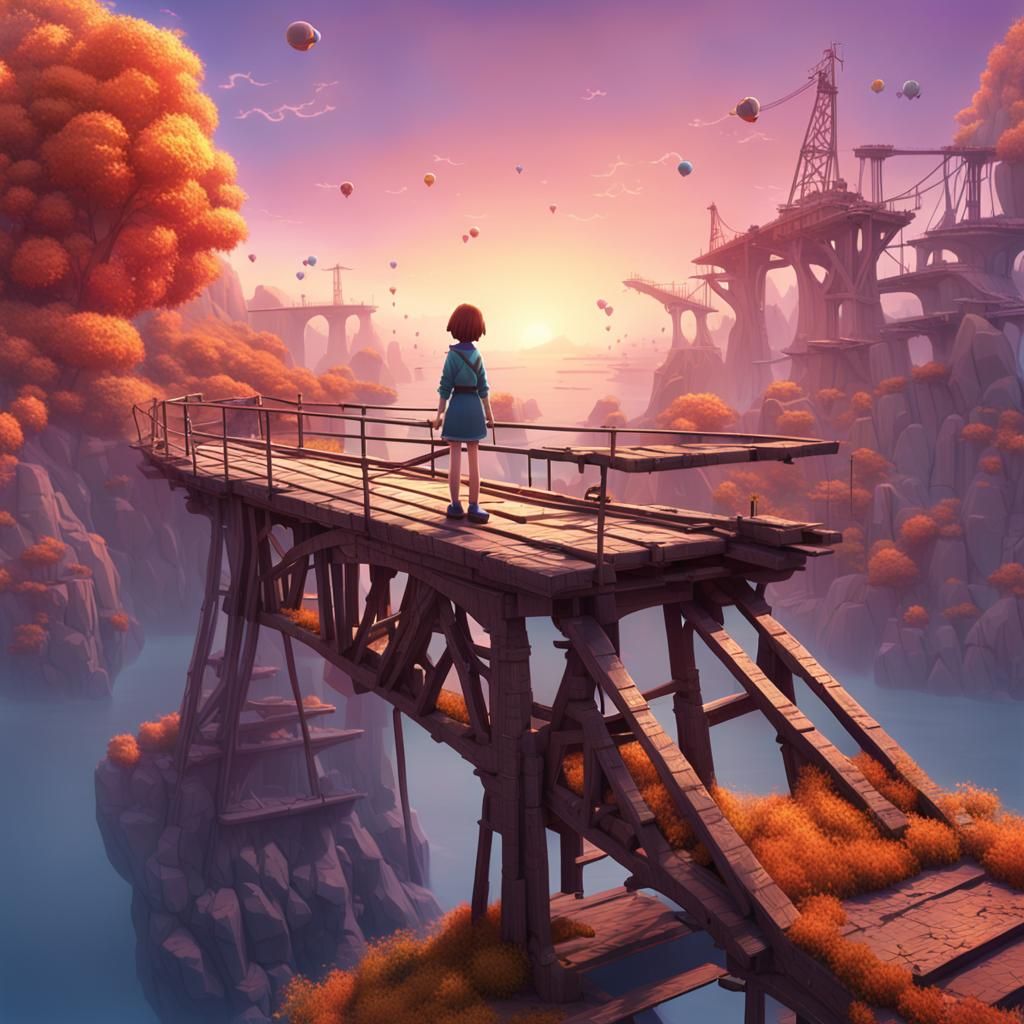 Girl on Broken Bridge: 3D Digital Art