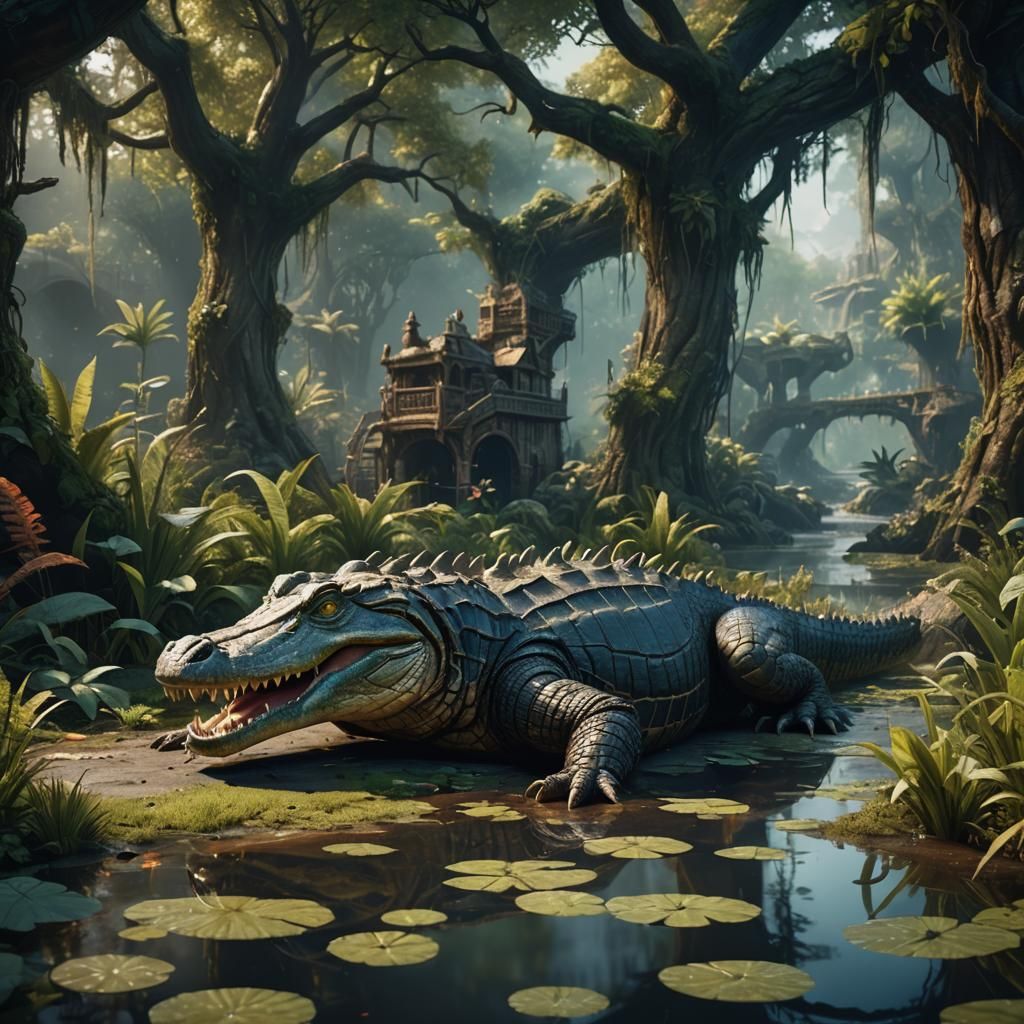 Detailed Alligator Matte Painting in Deep Color