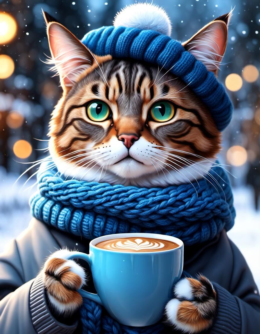 Cute Cat with Cappuccino in Winter Clothes