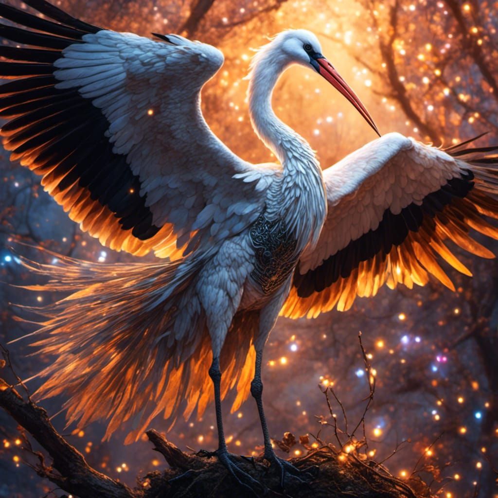 Ethereal Stork at Sunrise in Magic Realism