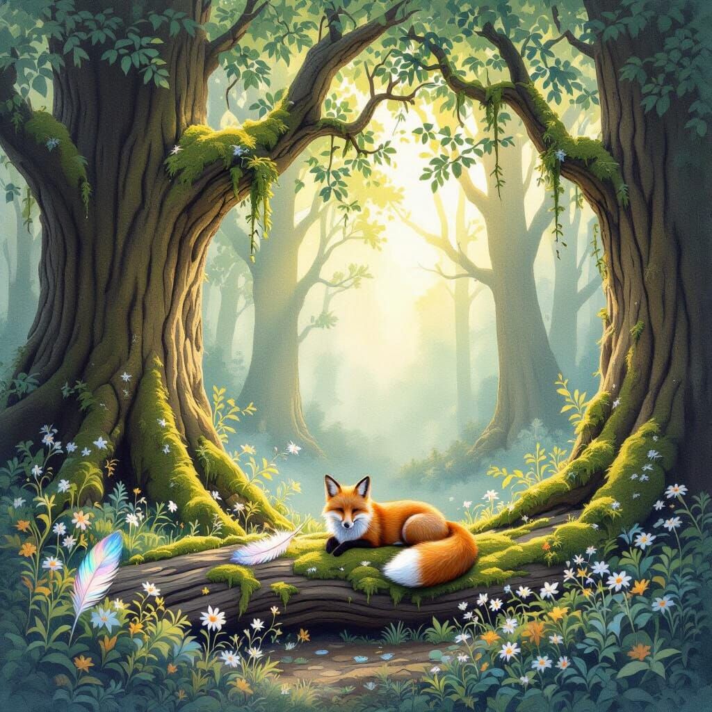 Magical Forest Archway with Glowing Moss and Serene Fox