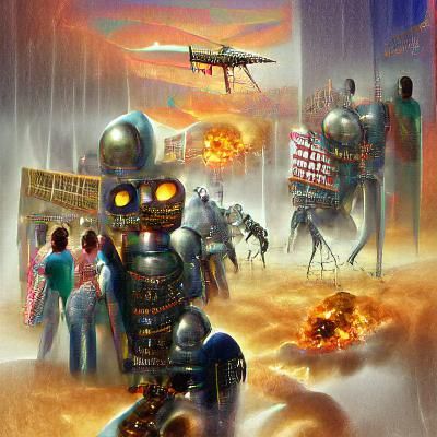 Robots Gather in Town Square, Luminous Painting