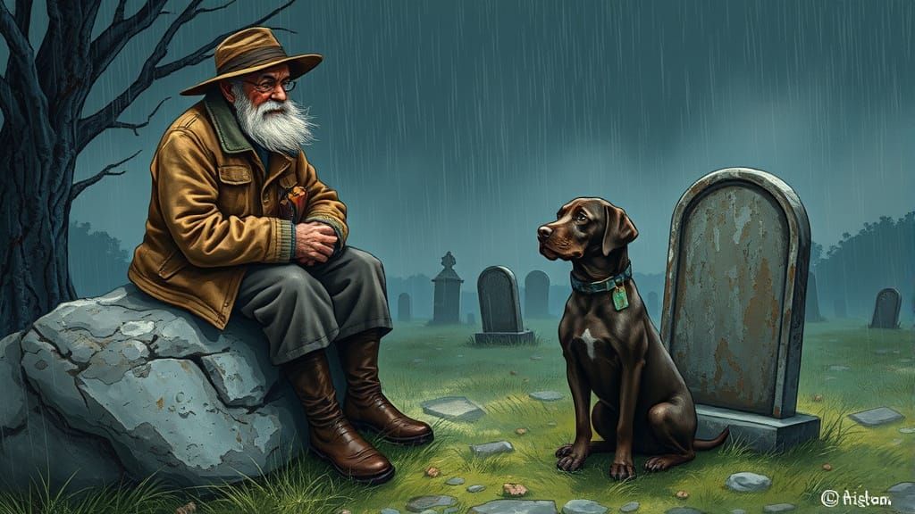 Fisherman and Mourning Dog in Graveyard, Whimsical Style