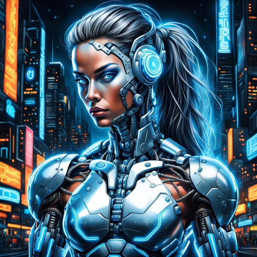 Hyperdetailed Cyborg Woman in Retrofuturistic Metropolis