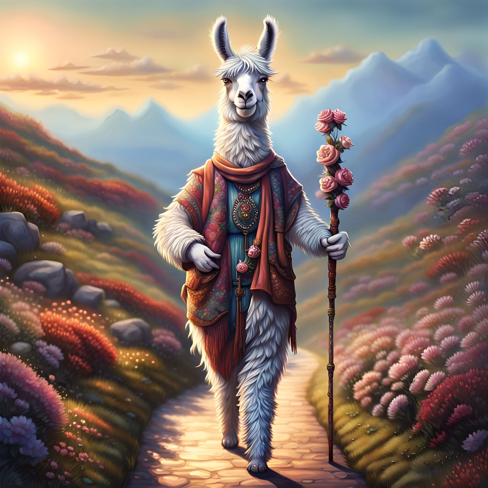 Anthro-Llama Traveler on a Surreal Path