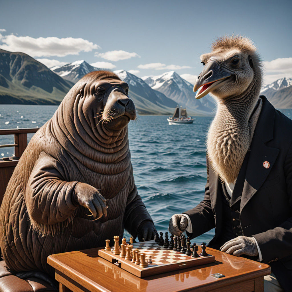 Walrus and Ostrich Play Chess on a Seafaring Adventure