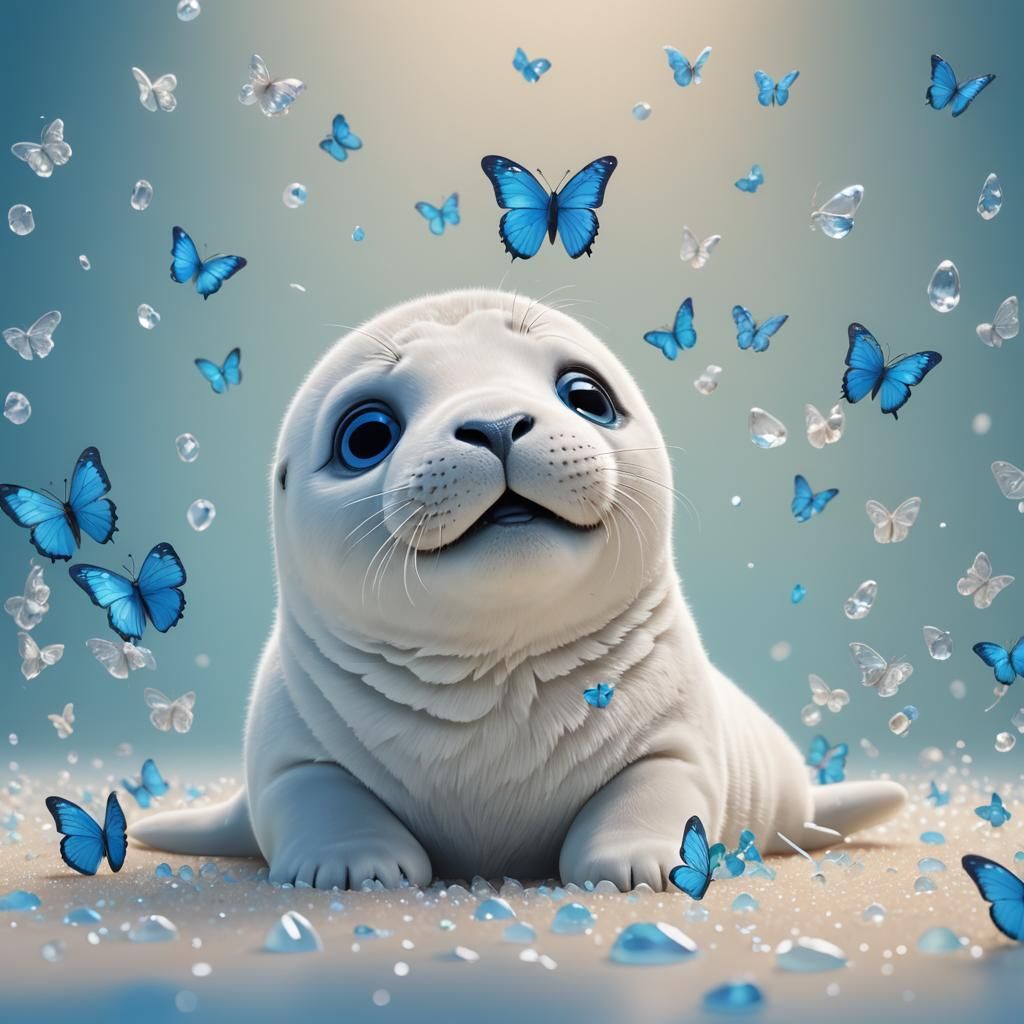 Baby Seal with Butterfly: Pixar-Style 3D Render